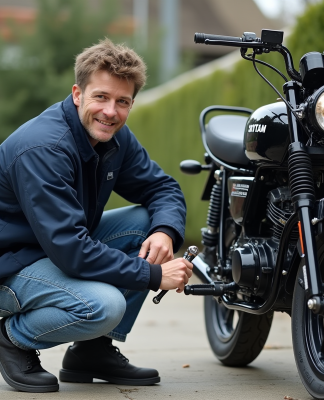 Jeune homme ajustant la chaîne d'une moto 50cc Skyteam en extérieur