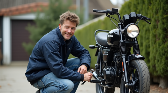 Jeune homme ajustant la chaîne d'une moto 50cc Skyteam en extérieur