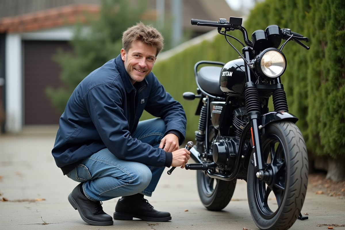 Jeune homme ajustant la chaîne d'une moto 50cc Skyteam en extérieur