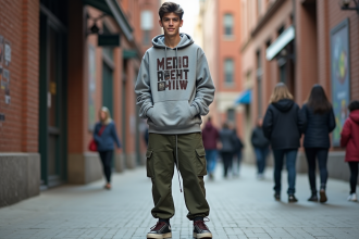 Jeune homme stylé dans la ville avec hoodie et baskets