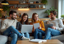 Colocation vs Coliving : différence, avantages et inconvénients à savoir Quatre jeunes adultes dans un salon moderne et convivial