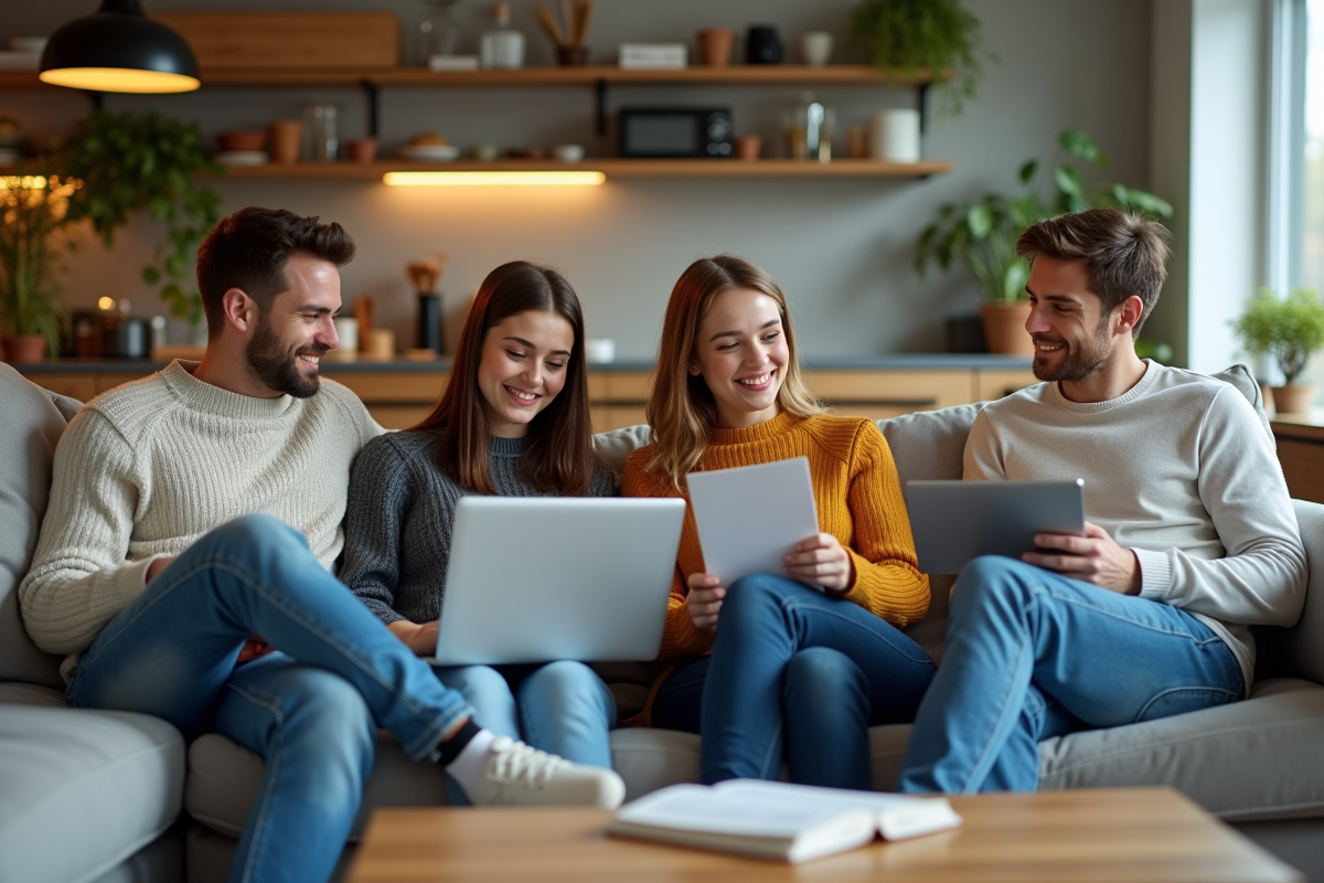 Quatre jeunes adultes dans un salon moderne et convivial