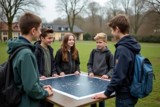 Groupe d'élèves au sujet d'une display astronomie en plein air