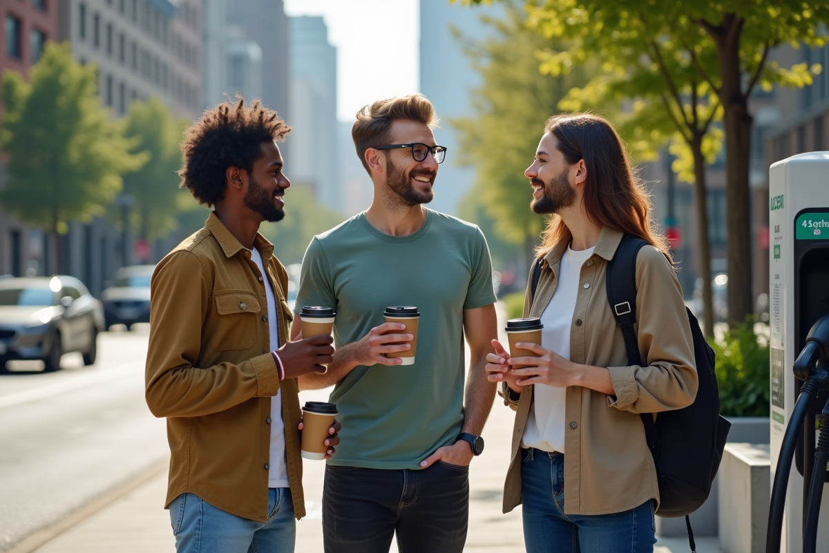 Jeunes discutant autour d une station hydrogene en ville