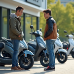 Deux jeunes hommes examinent des scooters neufs en extérieur