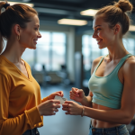 Deux jeunes souriants à la salle de sport avec carte d'adhesion