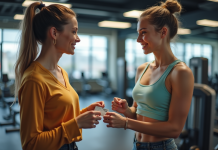 Deux jeunes souriants à la salle de sport avec carte d'adhesion