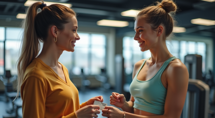 Deux jeunes souriants à la salle de sport avec carte d'adhesion