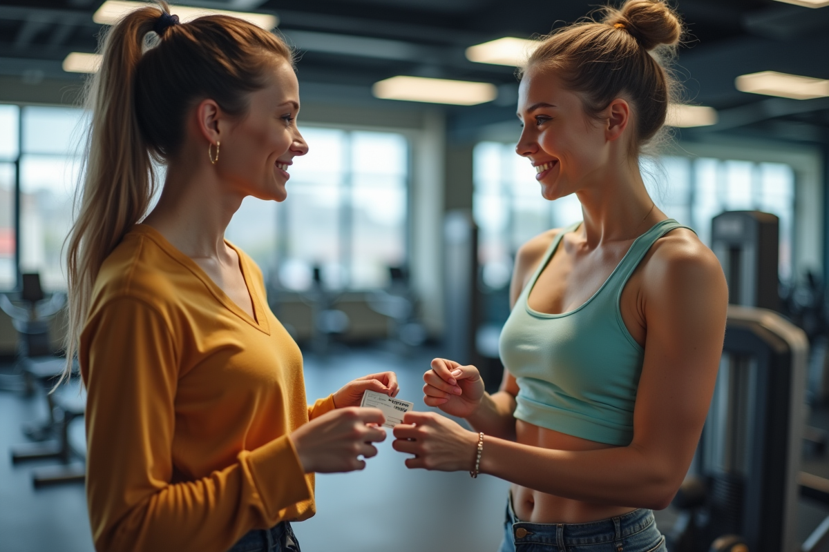 Deux jeunes souriants à la salle de sport avec carte d'adhesion