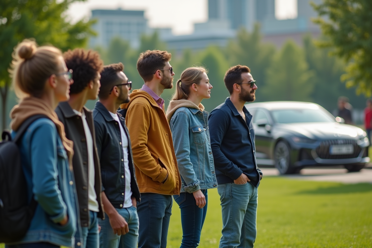 Groupe de jeunes regardant une voiture de luxe dans un parc urbain