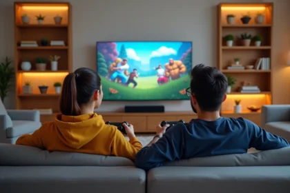Deux joueurs adultes sur un canapé jouant à un jeu vidéo en coopération sur console