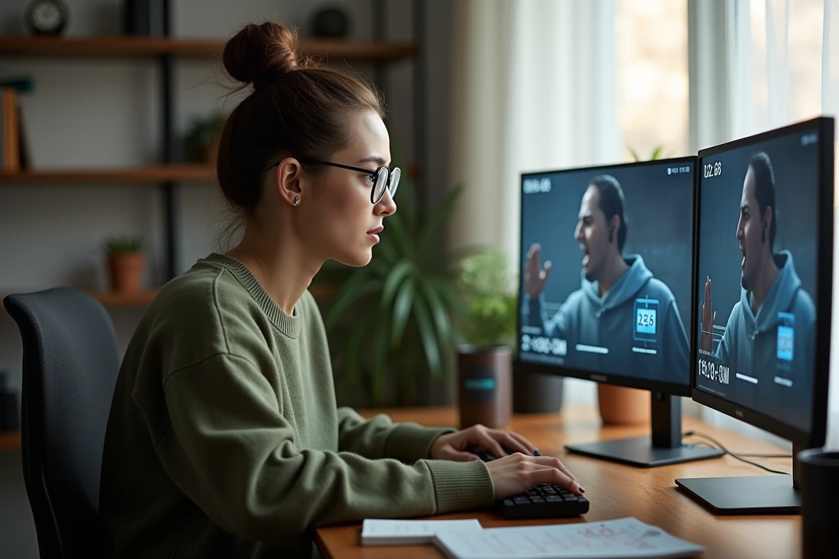 Jeune femme analysant la durée de vie d'un jeu vidéo sur son ordinateur de bureau