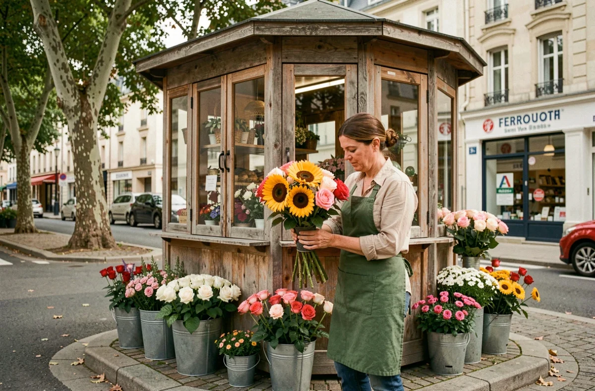 Fleuriste au kiosque de Saint-Maur-des-Fossés arrangeant un bouquet de tournesols et de roses dans un seau en métal vintage