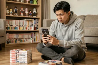 Jeune homme frustré tenant un smartphone affichant une erreur sur l'application de lecture de manga