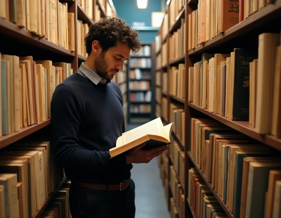 Homme lisant un recueil de poésie italienne dans une librairie indépendante de Milan entourée de rayonnages en bois chargés de livres