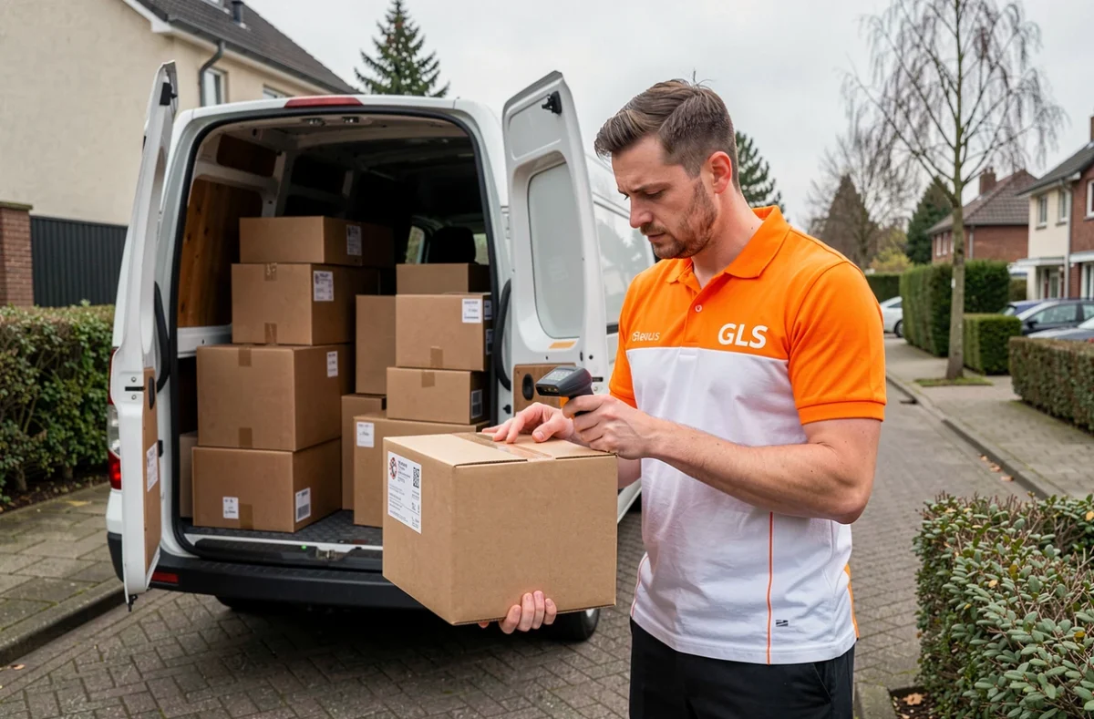 Livreur GLS scannant un colis devant son camion de livraison dans une rue résidentielle