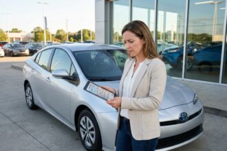 Femme examinant un contrat de LOA pour une voiture hybride dans un parc de concessionnaire automobile