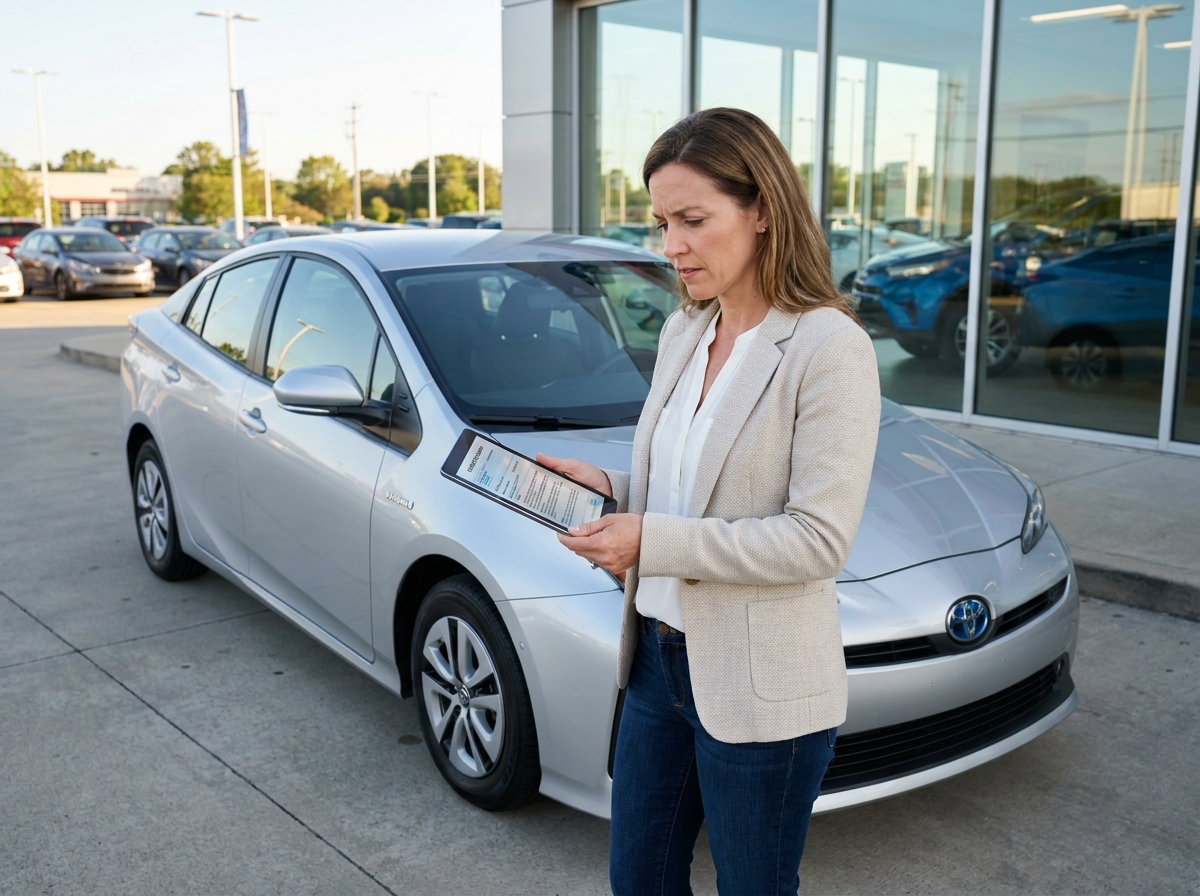 Femme examinant un contrat de LOA pour une voiture hybride dans un parc de concessionnaire automobile