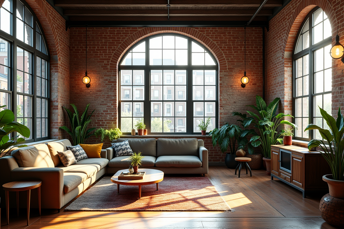 Loft industriel avec murs en briques et grandes fenêtres arched