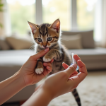 Main douce tenant un petit chaton tigré en soin