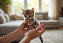 Main douce tenant un petit chaton tigré en soin