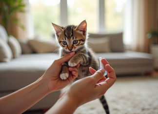 Main douce tenant un petit chaton tigré en soin