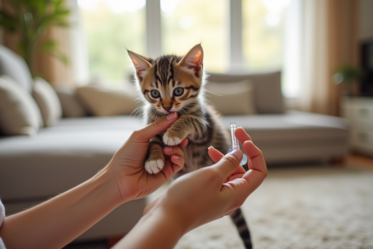 Main douce tenant un petit chaton tigré en soin