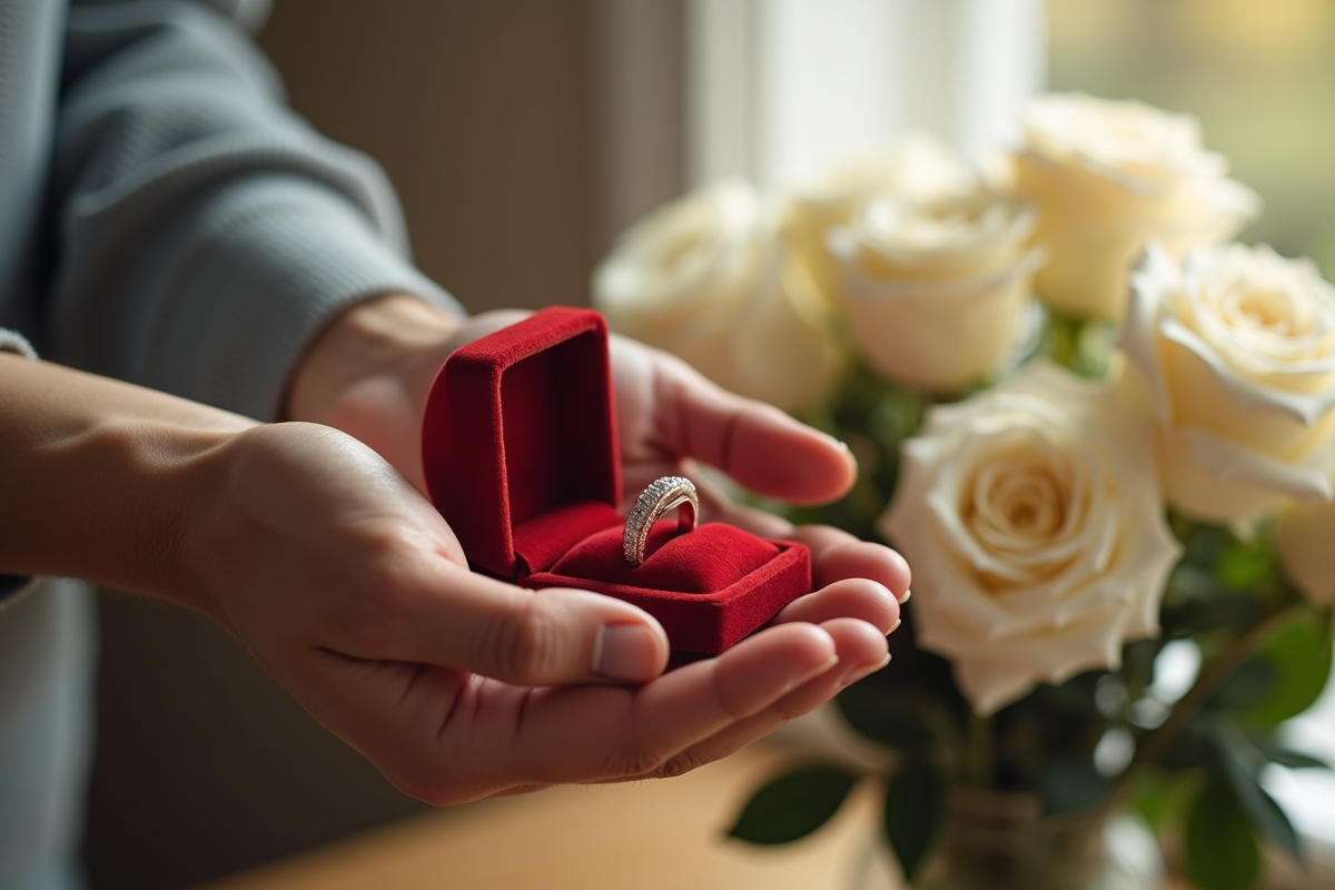 Mains tenant une bague dans une boîte en velours avec roses blanches en arrière-plan