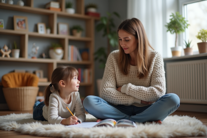 Maman et fille dessinant dans un salon moderne