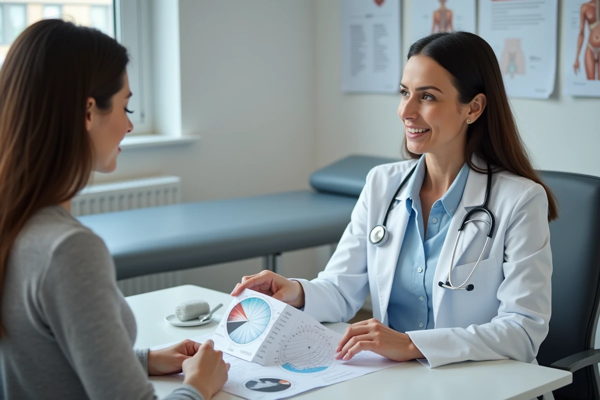 Médecin gynécologue expliquant le calcul des semaines de grossesse à une patiente