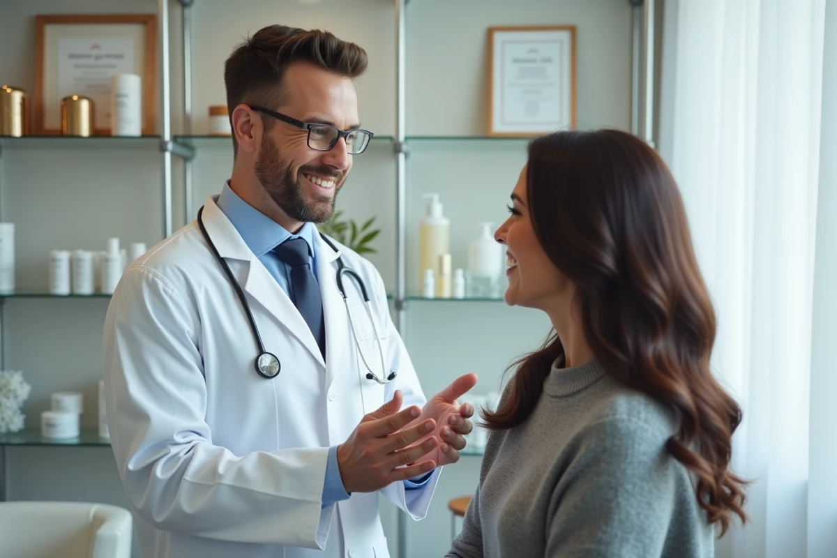 Medecin cosmetique discutant avec une patiente souriante
