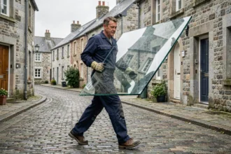 Un vitrier professionnel transporte une grande vitre dans une rue bretonne aux façades en granit, illustrant les meilleurs vitriers de Bretagne