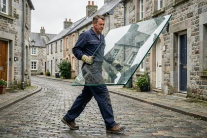 Un vitrier professionnel transporte une grande vitre dans une rue bretonne aux façades en granit, illustrant les meilleurs vitriers de Bretagne