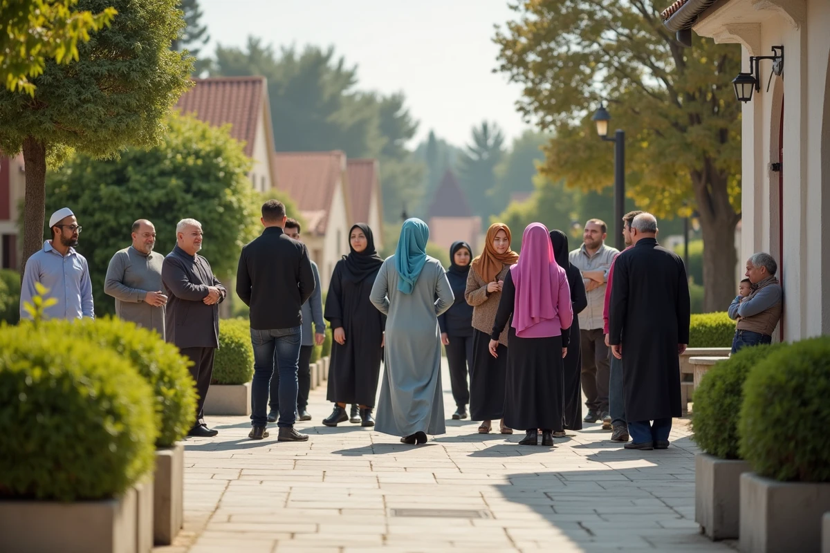 Rassemblement communautaire de fidèles devant la mosquée de Ris-Orangis dans l'Essonne après la prière