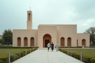Façade extérieure de la mosquée de Ris-Orangis dans l'Essonne avec des fidèles se dirigeant vers l'entrée