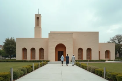 Façade extérieure de la mosquée de Ris-Orangis dans l'Essonne avec des fidèles se dirigeant vers l'entrée