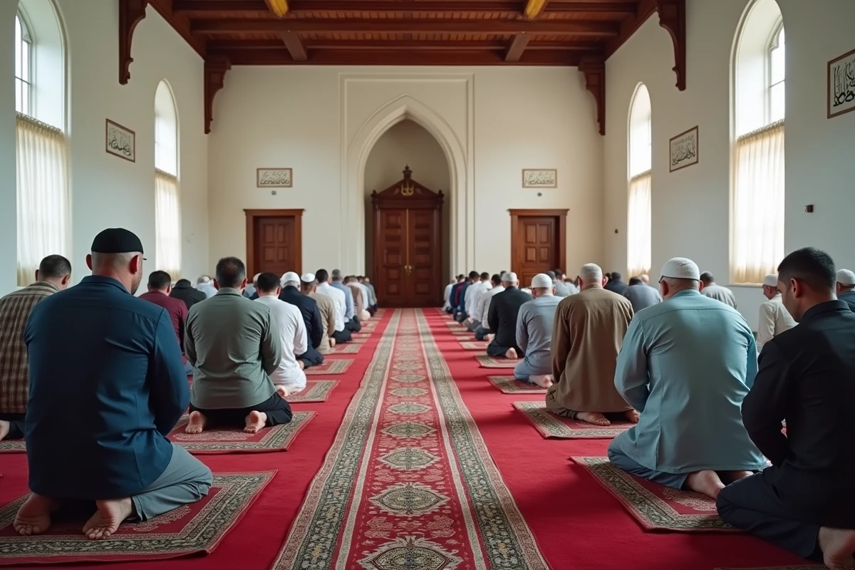 Salle de prière intérieure de la mosquée de Ris-Orangis avec des fidèles en prière collective