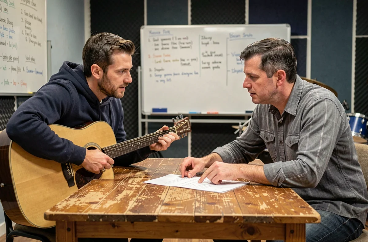 Deux musiciens guitaristes discutant d'un choix de carrière autour d'une table dans une salle de répétition avec partitions et guitare acoustique