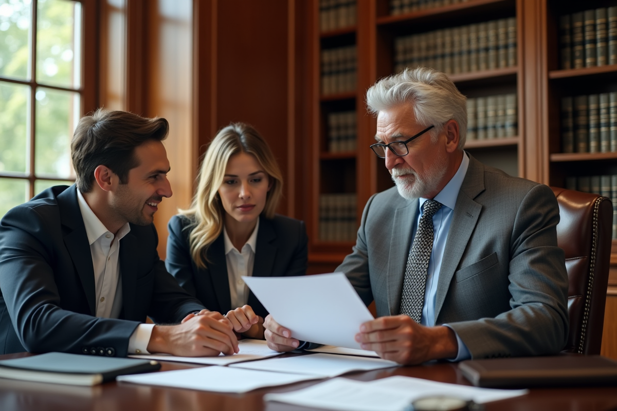 Notaire expliquant des documents à un jeune couple dans un bureau