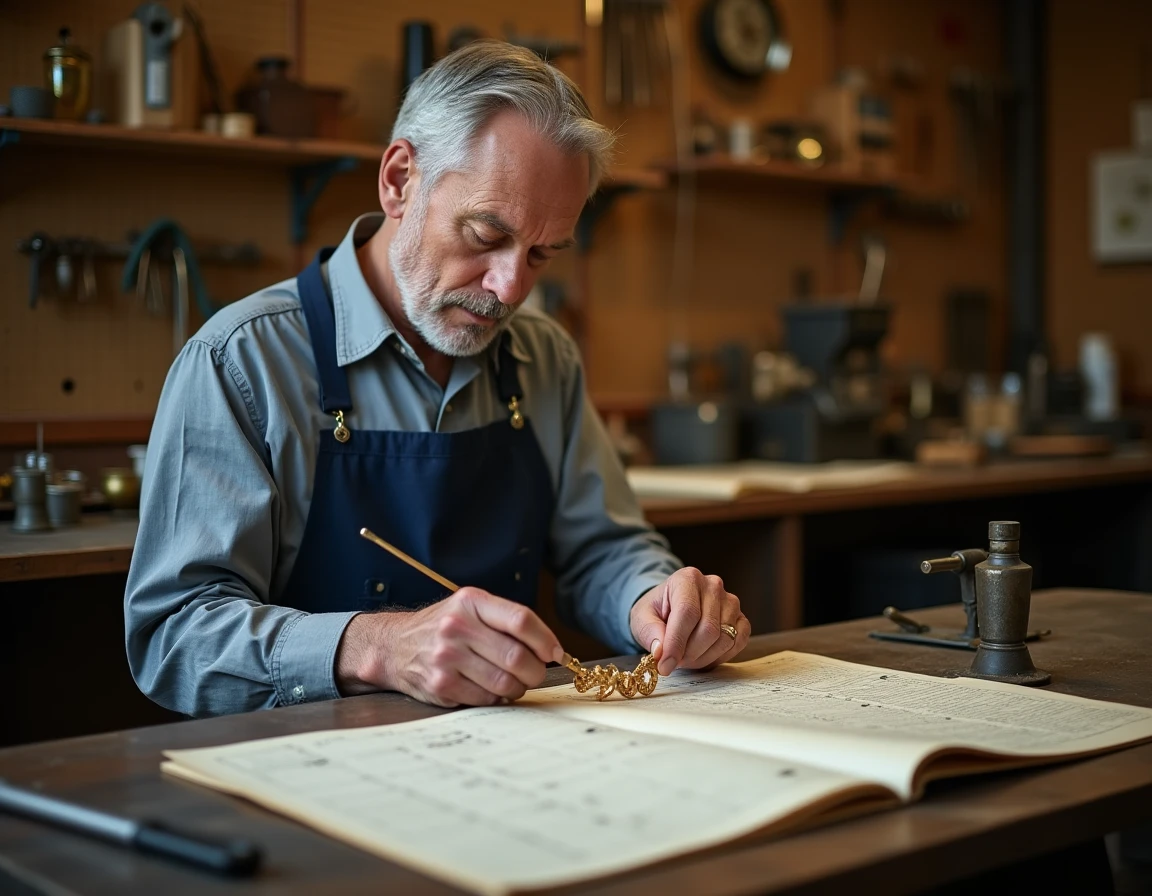 Orfèvre identifiant un poinçon étranger sur un bracelet ancien dans son atelier