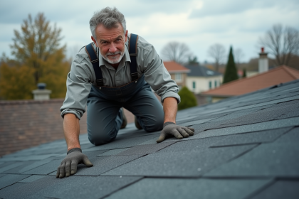 Couvreur homme en action sur un toit résidentiel