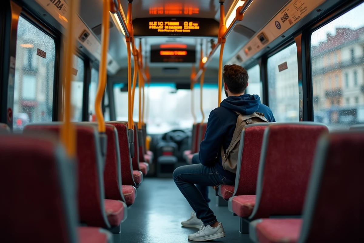 Passager dans un bus TCL de Lyon regardant l'affichage de la ligne