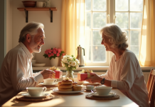 Couple mature échangeant des cadeaux au petit déjeuner ensoleille