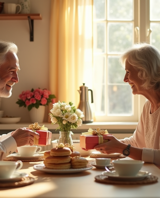 Couple mature échangeant des cadeaux au petit déjeuner ensoleille