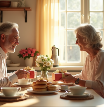Couple mature échangeant des cadeaux au petit déjeuner ensoleille