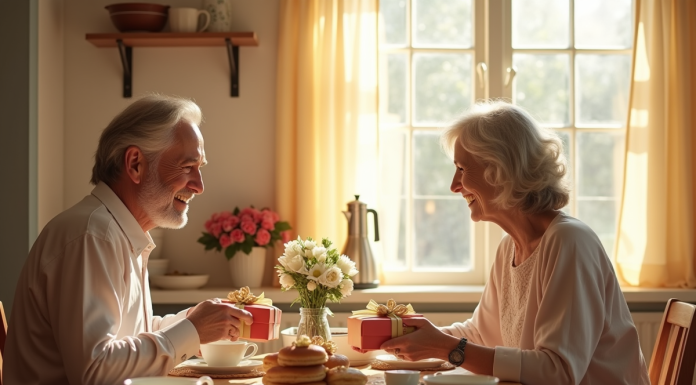 Couple mature échangeant des cadeaux au petit déjeuner ensoleille