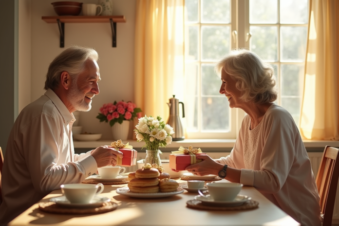 petit-dejeuner-couple-joyeux Couple mature échangeant des cadeaux au petit déjeuner ensoleille