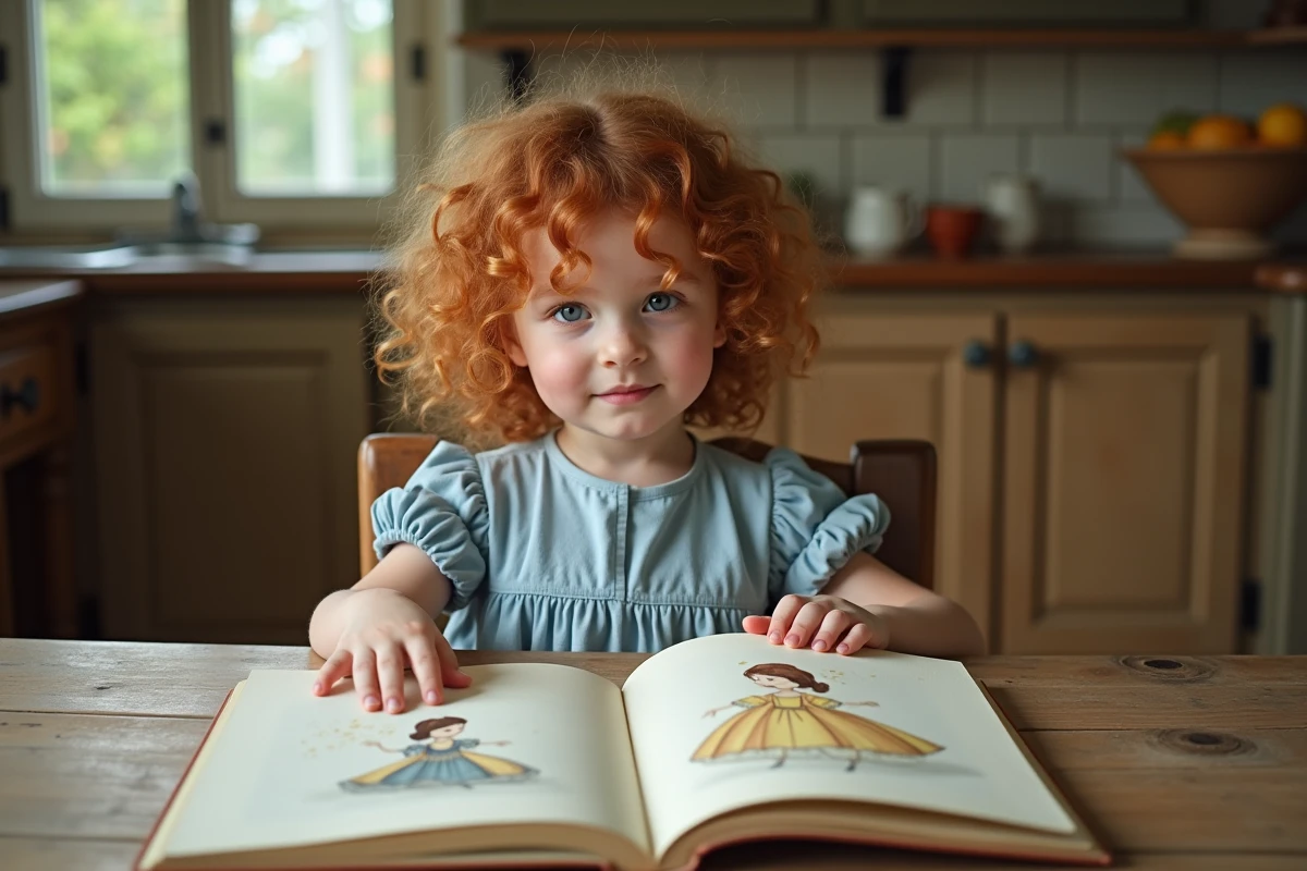 Petite fille émerveillée lisant un livre illustré de Cendrillon posé sur une table en bois dans une cuisine familiale