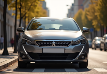 Peugeot 308 neuve stationnee en ville en plein jour