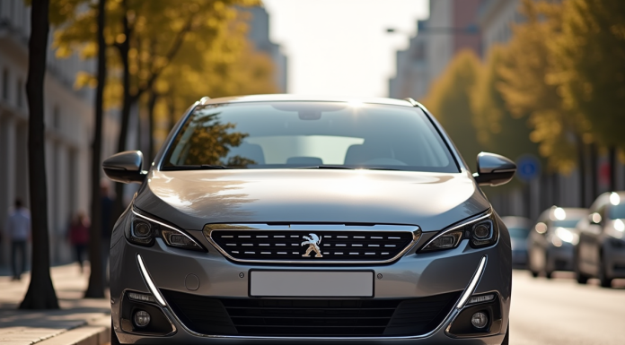 Peugeot 308 neuve stationnee en ville en plein jour